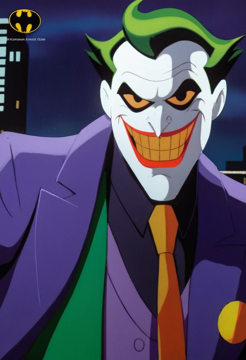 anime artwork of In Gotham City a cartoon joker with a tie and a purple suit Batman The Animated Series Style, anime style, key visual, vibrant, studio anime, highly detailed