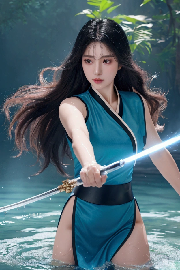 (very detailed CG Unity 8k 벽지,masterpiece, best quality, very detailed),(Amazing lighting, Dynamic camera angles),Water sword, Blue water splash,brook, flowing water, Beautiful girl with long black hair, Elegant martial arts uniform,Watercolor, 70s retro filter.
