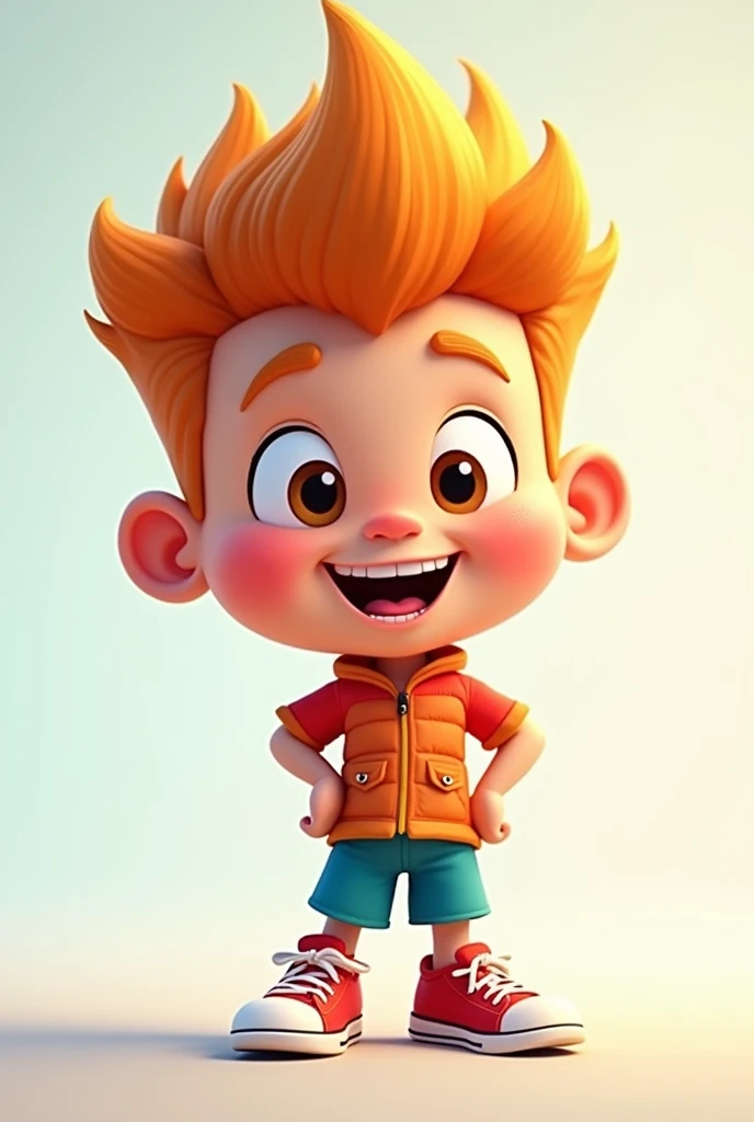 Create a vibrant cartoon character for a profile picture. The character should have a friendly, approachable demeanor, with exaggerated features like big, expressive eyes and a wide smile. The character could be a humanoid with a unique hairstyle, perhaps spiky or brightly colored, wearing a fun, colorful outfit. The background should be simple, with a light gradient or a single bold color that complements the character's design. Make sure the character is centered and engaging, with a lively and energetic pose.