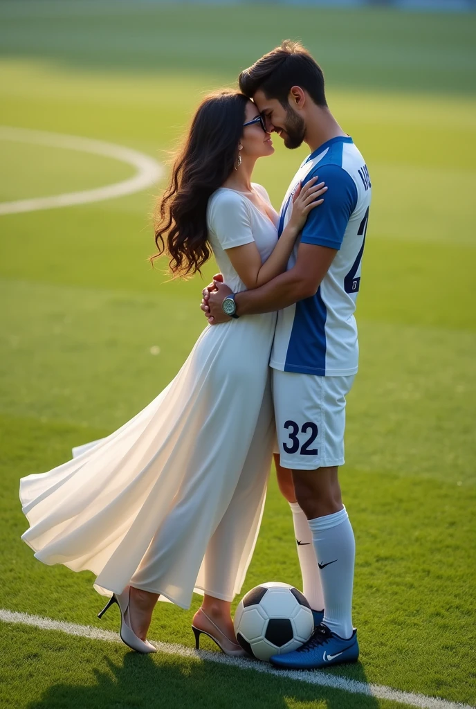  A woman and man standing in football ground looking at each lovingly and hugging each other.woman is wearing a dress and glasses.she has black hair .man is wearing a white and blue 32 number jersey. Man is 1 feet taller than girl.  Man one foot standing on soccer ball . Girl is wearing high heel and  long white dress make girl hair set. Make them realistic jersey no 32