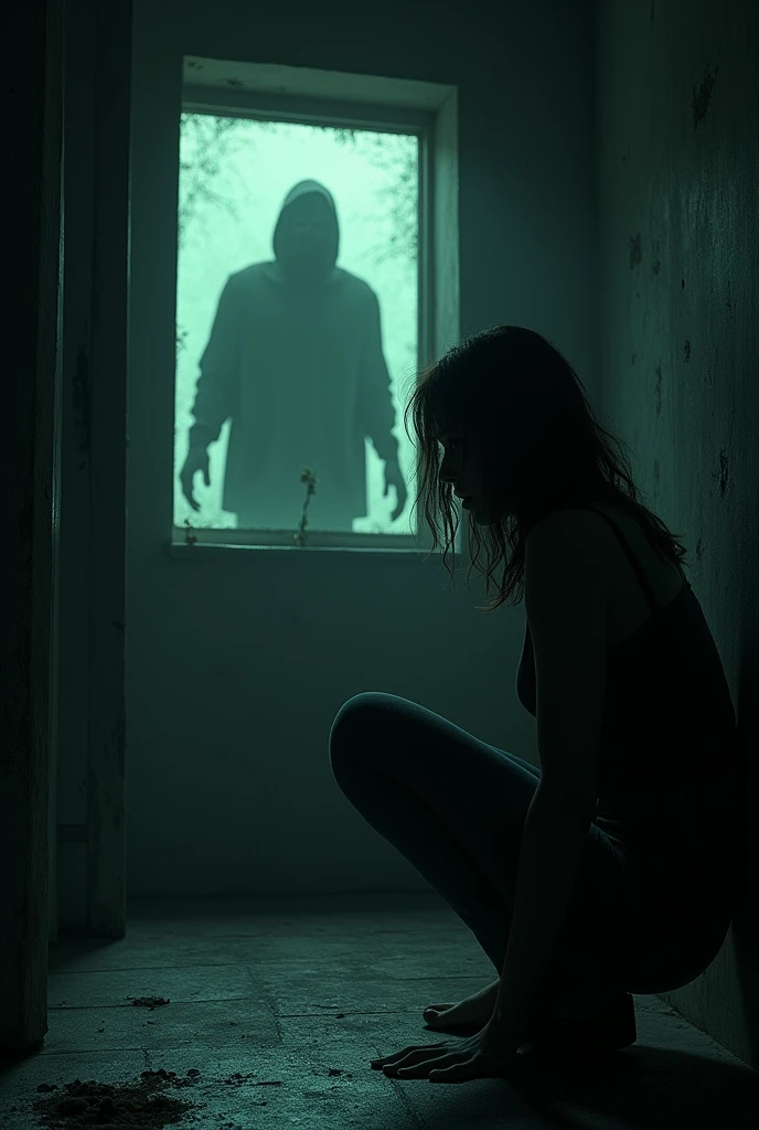 Book cover featuring a scared woman in a very dark room,while there is the shadow of a man in the window,make the title of the book be "zohan"