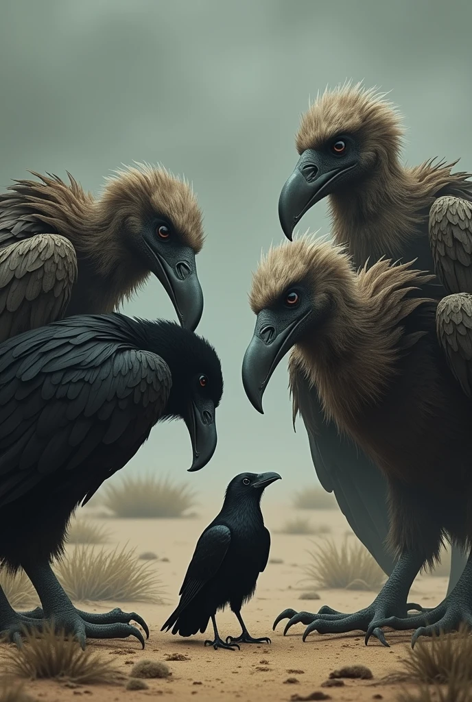5 vultures, which are much bigger than the crow, are begging the crow for food