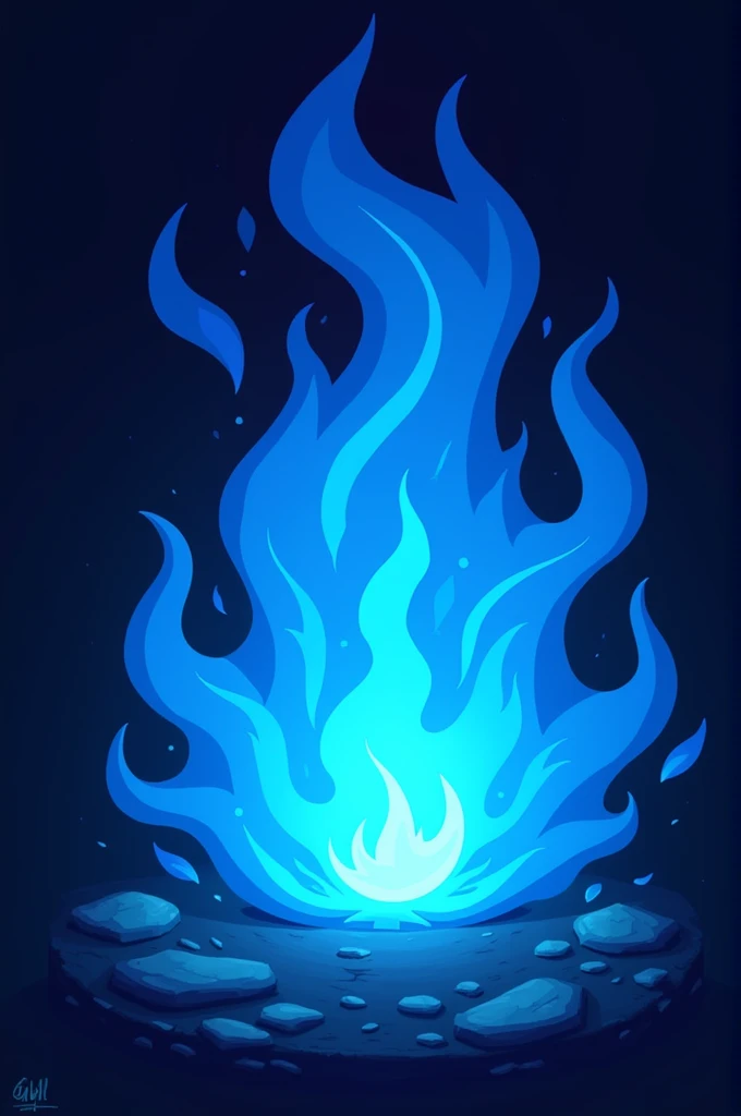 cartoon-style logo of a vibrant blue flame representing the clan's name, Shadow Reborn. The flame should convey the idea of rebirth and power, with a mysterious twist. Add subtle elements of shadow or darkness to reinforce the theme. Make sure the logo is impactful and recognizable in small sizes, such as avatars and profile icons