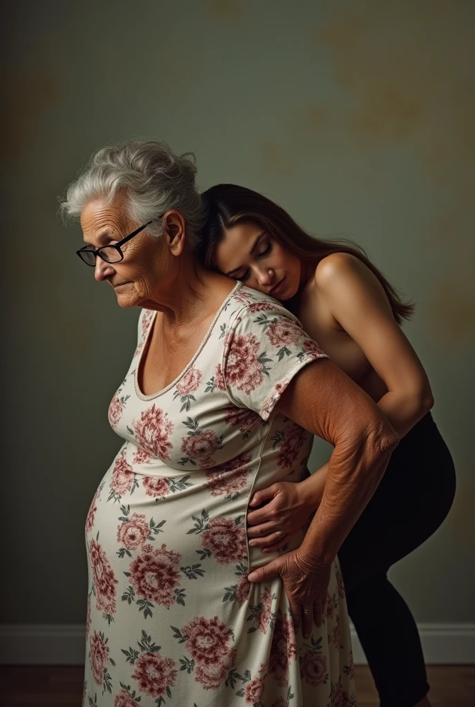 Create a realistic image of an elderly woman, 90 years old, obese, with black and dark skin, wearing a white shirt and black skirt and glasses, lifting the body of a 25-year-old woman from the ground by the waist and lifting it high into the air, with light white skin, long brown hair, slim body, completely naked with her breasts exposed and wearing short denim shorts