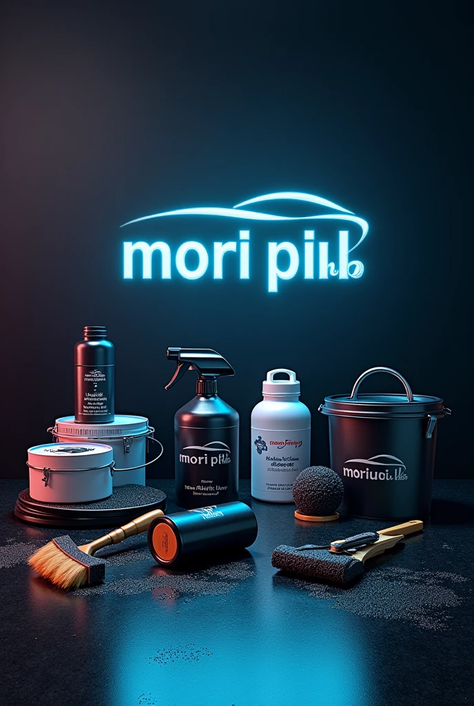 Logo of a company selling car detailing products called “Mori Pro” In the background there are car detailing brushes, packaging with products, 5 litre buckets with products, spray bottle,
