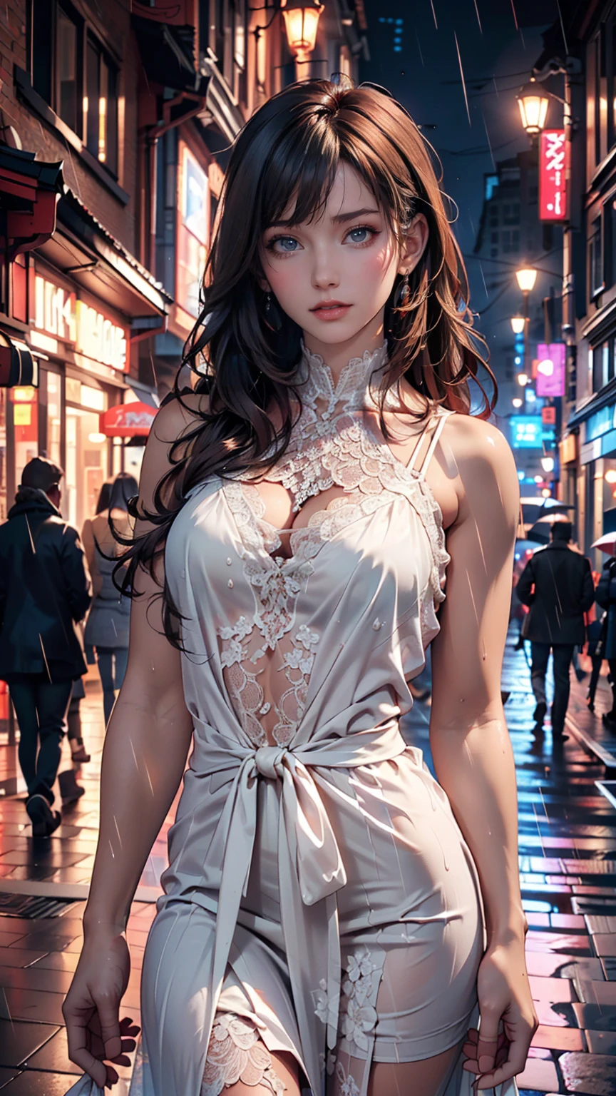 ((Highest quality, 8k, lace maxi dress, Standing in the rain, Red Light District, Highly detailed face and skin texture, Detailed eyes, double eyelid.)