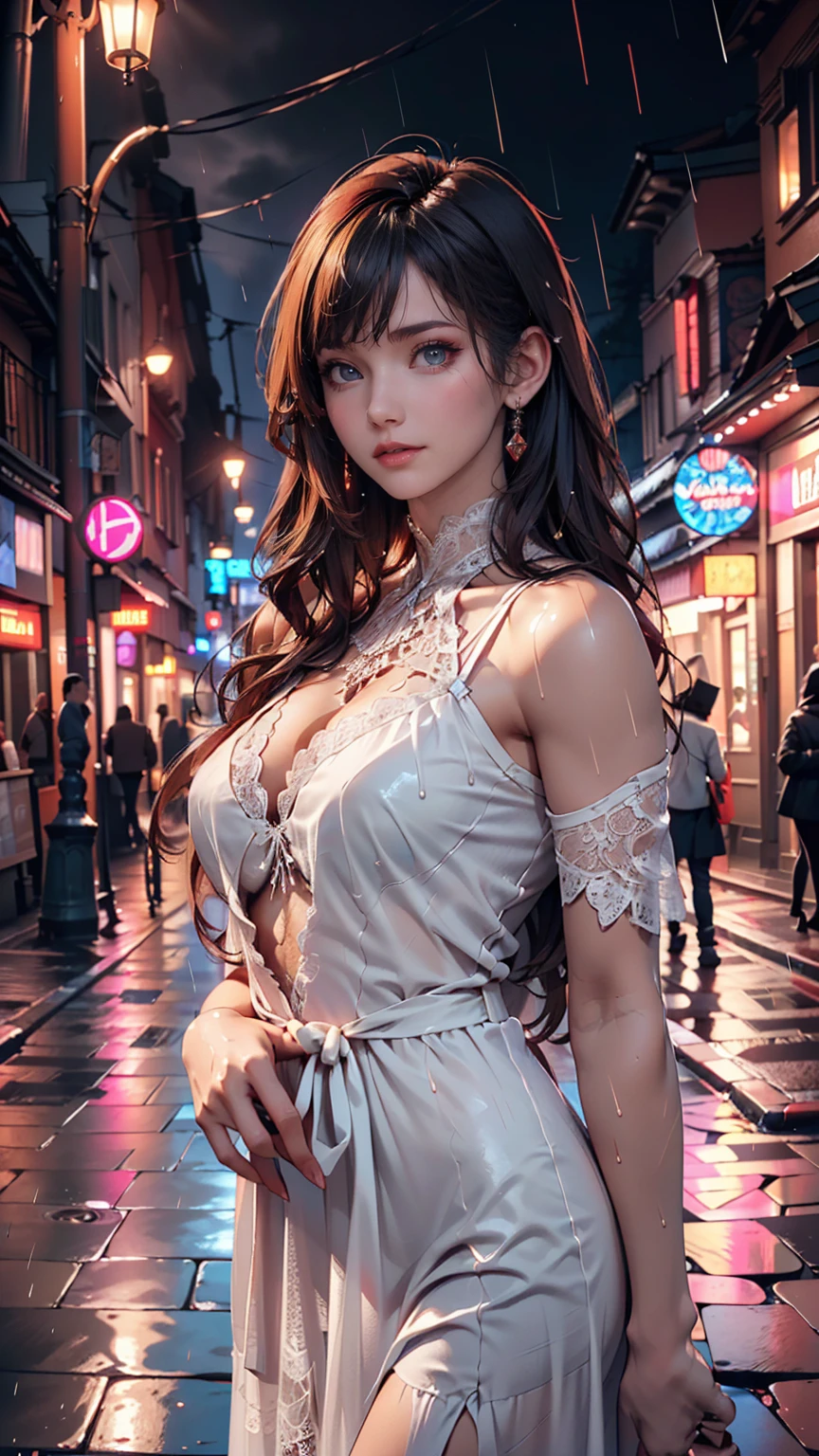 ((Highest quality, 8k, lace maxi dress, Standing in the rain, Red Light District, Highly detailed face and skin texture, Detailed eyes, double eyelid.)