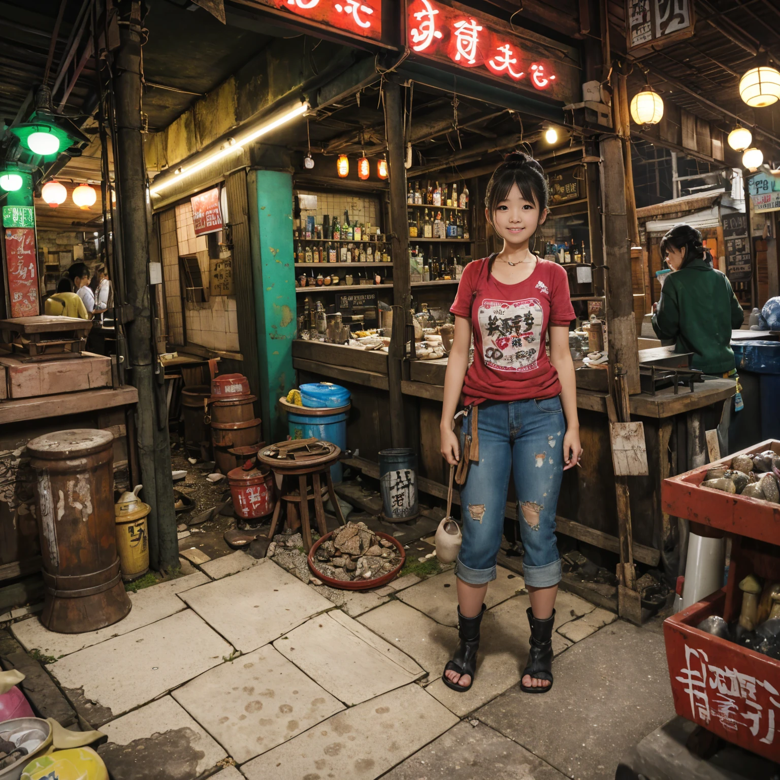 ((masterpiece、Highest quality))、Beautiful girls gather.、Three girls in summer clothes、(Showa Retro:1.2)、(Detailed and cute face:1.3)、(Poor conditions、Japan's poor neighborhoods、Dim and unsanitary、Standing Bar、みんなで楽しくdiet、Crumbling underground shopping mall)、屋台のdiet店、stage、sewage、Dirty shop、street vendors、Unsanitary and abandoned city、smile、diet、Poor person々