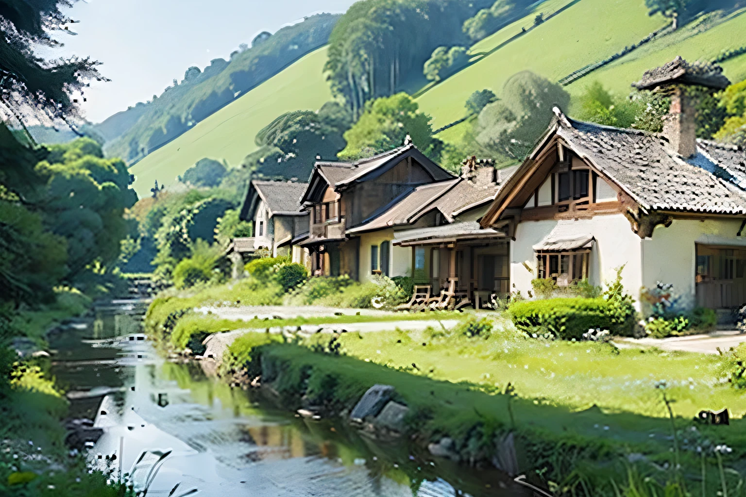 Water,river,Clear,Verdant fields,village