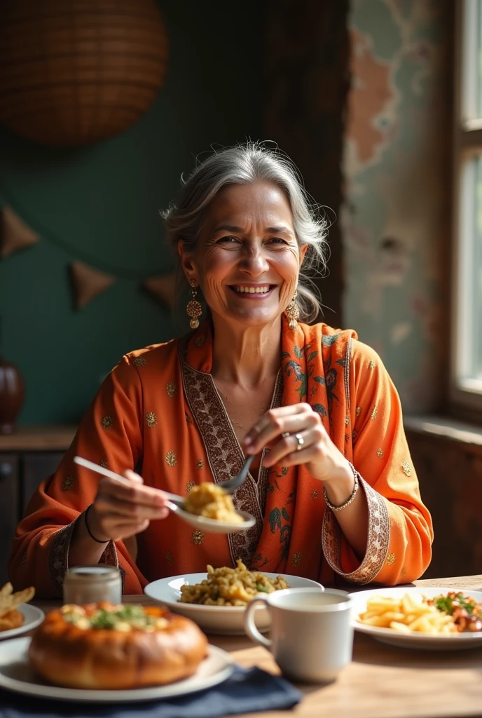 Happy Lady in Pakistani dress around 40 to 50 eating posture on table 