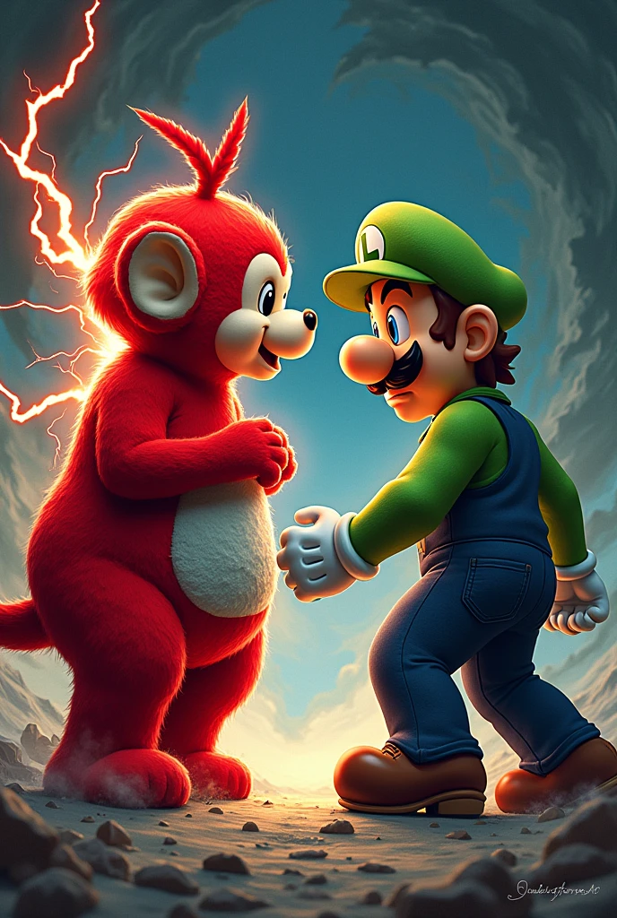 Red teletubby and luigi from mario bros fighting in jojo art style dio vs jotaro scene