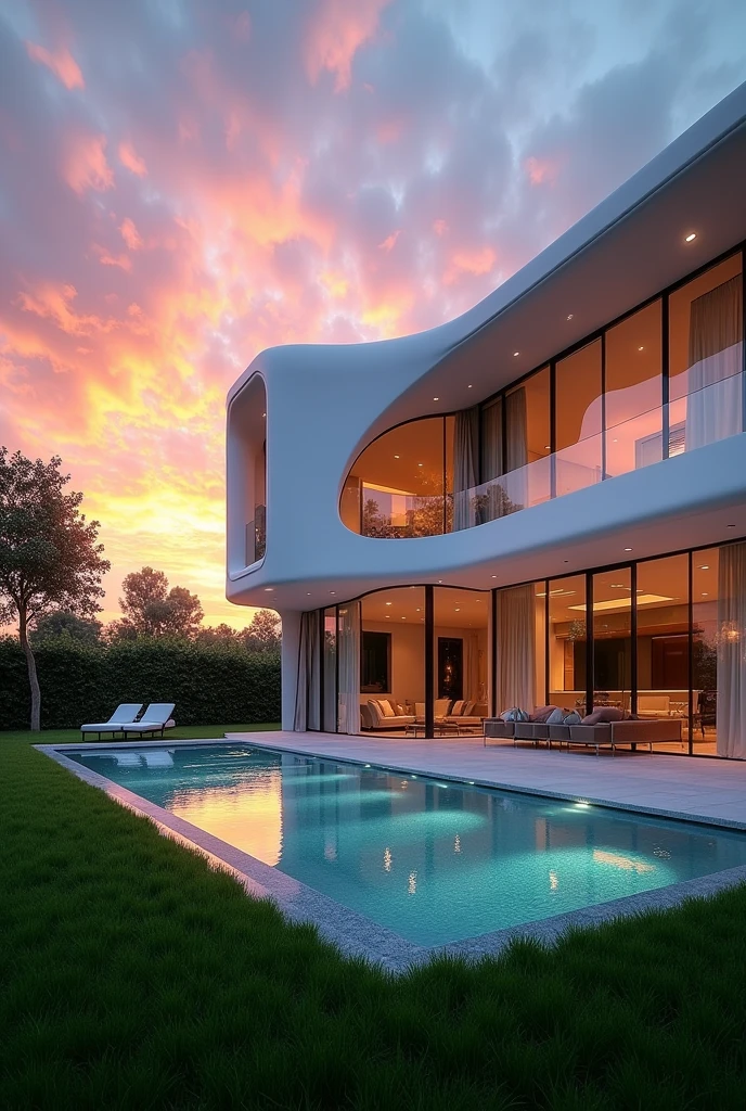 
The sleek, white facade of the house reflects the fiery hues of the setting sun. Expansive windows, framed by slender black mullions, draw the sky's vibrant palette into the open living spaces. The pool, a shimmering sapphire oasis, mirrors the sky's colors, creating an interplay of light and reflection. Lush green grass, meticulously manicured, frames the scene, a verdant contrast to the clean lines of the architecture. The house's organic curves, reminiscent of Zaha Hadid's designs, create a sense of fluid movement, harmonizing with the natural world.  The warm glow of the interior, visible through the expansive windows, hints at the luxurious comfort within.  Every detail, from the textured concrete walls to the smooth, polished surfaces, evokes a sense of tranquility and modern elegance. 
