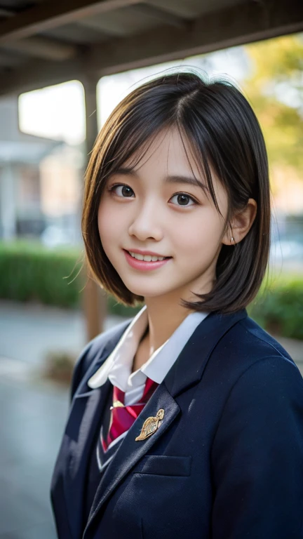 (Highest quality,8K quality,masterpiece:1.3),(Ultra-high resolution,Realistic:1.4,RAW Photos),(Very detailed,Caustics,Detailed Background),(Ultra-Realistic Capture,beautifully detailed skin,Perfect Anatomy),At dusk,Sunset sky,School building,Schoolyard,18-year-old,cute,single eyelid,Black short bob,School Blazer Uniform,Looking into the camera,Laughter,Bust up shot,Natural soft light,Blurred Background
