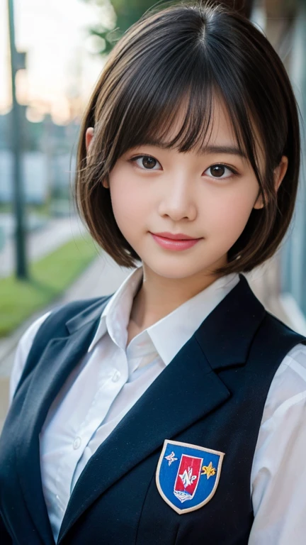 (Highest quality,8K quality,masterpiece:1.3),(Ultra-high resolution,Realistic:1.4,RAW Photos),(Very detailed,Caustics,Detailed Background),(Ultra-Realistic Capture,beautifully detailed skin,Perfect Anatomy),At dusk,Sunset sky,School building,Schoolyard,18-year-old,cute,single eyelid,Black short bob,School Blazer Uniform,Looking into the camera,Laughter,Bust up shot,Natural soft light,Blurred Background