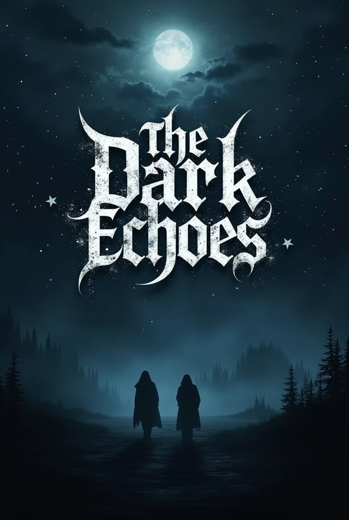 Create a rock band logo with these specifications The Dark Echoes: Imagine a band whose name evokes the presence of a persistent echo in the darkness, creating an atmosphere of mystery and power. The band&#39;s image could include a nighttime background with deep shades of black and grey., interspersed with dark blue or purple stars.

Visualize a gloomy landscape, perhaps with silhouettes of figures in shadow, that seem to resonate with a hidden energy. The name of the band, "The Dark Echoes", could be in a gothic or metal font style, with details that seem to reverberate or distort, suggesting the mentioned echo.

To add more drama, you could include elements like fog or smoke in the background, and dim lighting that highlights the band&#39;s name and creates an enigmatic atmosphere.

The image should capture a sense of dark, resonant power, reflecting both the intensity of his music and the mysterious and evocative atmosphere of his name.