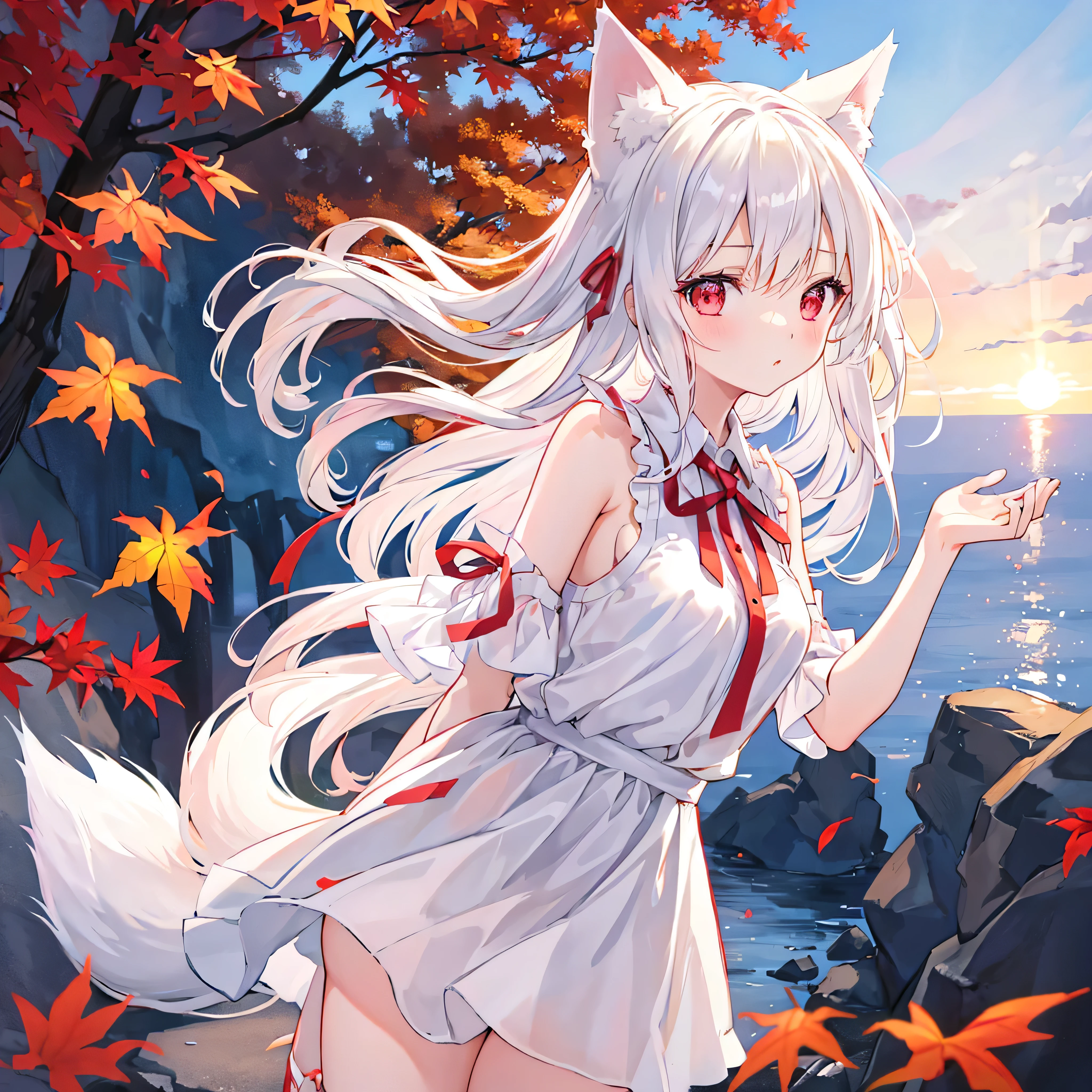 beautiful picture, best quality, a cute girl, Maple나무 숲, pastel colors, Long white hair, red eyes, cute expression, Exposed shoulders, White clothes, embarrassing, White skin, Vigorous, standing, upper body bent,autumn, wind, Put your hands on your knees,, whole body, unfettered, Suggestive poses, Butt back, Upper body forward, Maple, sunlight, dawn,  sunset, red ribbon, fluttering clothes and hair, White fox ears