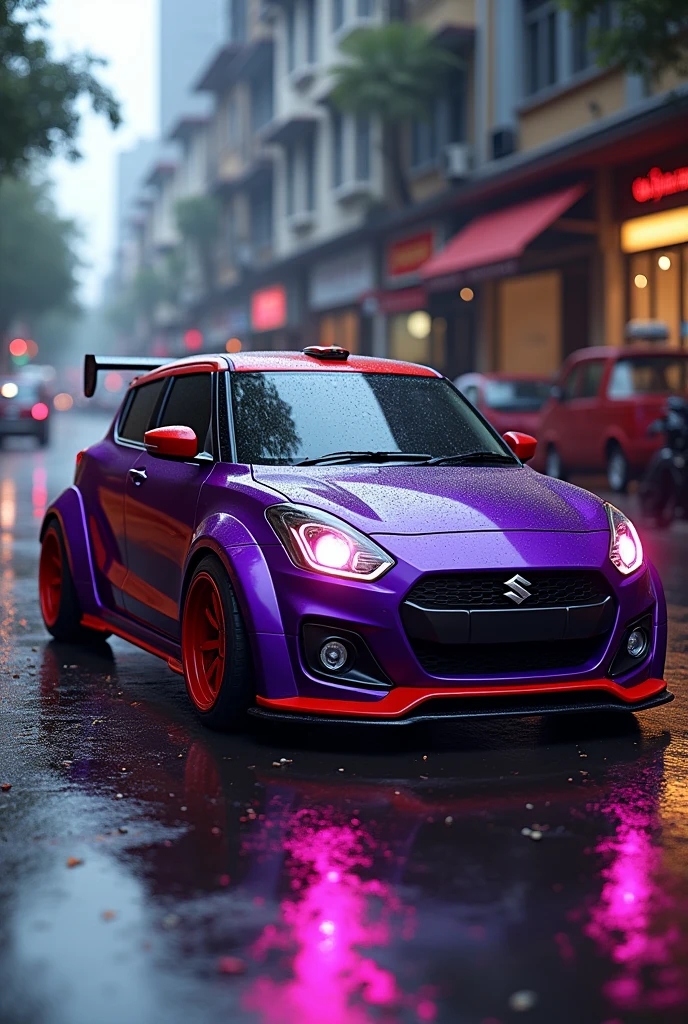 Suzuki Swift metalic purple red with body kit, on wet streets in indonesia