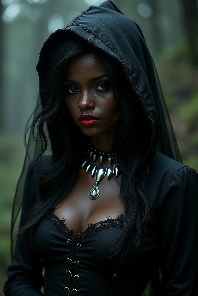 Create a picture of a witch. dark-skinned, makeup, red lipgloss stick,  silver necklace and big breasts.