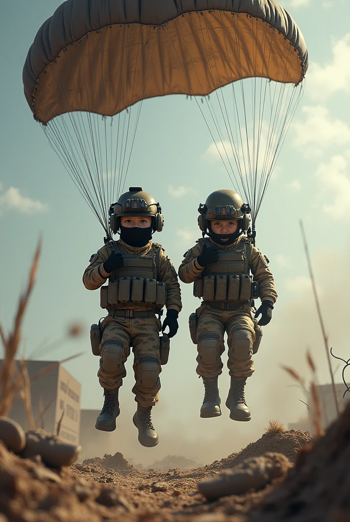 Two  in camouflaged special forces uniforms and military helmets parachute onto a defensive position in a realistic full-body style.