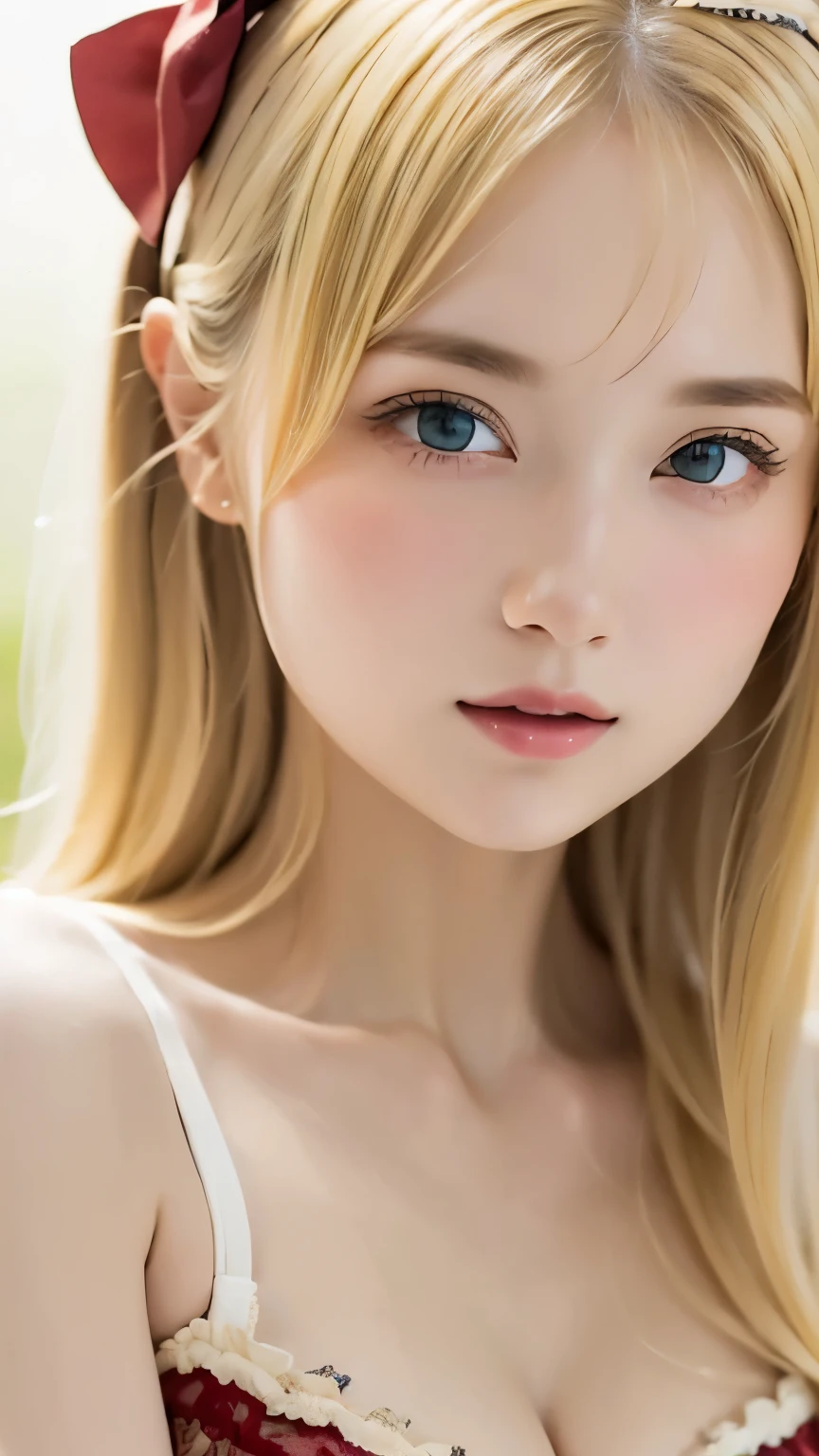 1 person,Beautifully detailed face:1.3、Face close-up:1.6、The whole face fits in the frame:1.6、((She wears a big red bow in her hair like a French doll.......:1.6))、 ((Small breasts:1.7))、(A sheer camisole with a loose fit around the chest:1.7), ((I'looking forward to it:1.6))、Pink Eyeshadow:1.6、((Looking into the camera:1.3))、Very beautiful Japanese idol portraits,
(RAW Photos, Highest quality), (Realistic, Realistic:1.4), (masterpiece),
Very delicate and beautiful, Very detailed, 2k wallpaper, wonderful, finely, Very detailed CG Unity 8k 壁紙, Very detailed, High resolution, Soft Light,
Beautiful details, Very detailed目と顔, Beautiful and sophisticated nose, Big beautiful eyes, Cinema Lighting,
(Simple and solid background:1.3),
(Blonde medium hair:1.5), (Parted bangs),
Complete Anatomy, Slender body,Very Small breasts, Sensual look