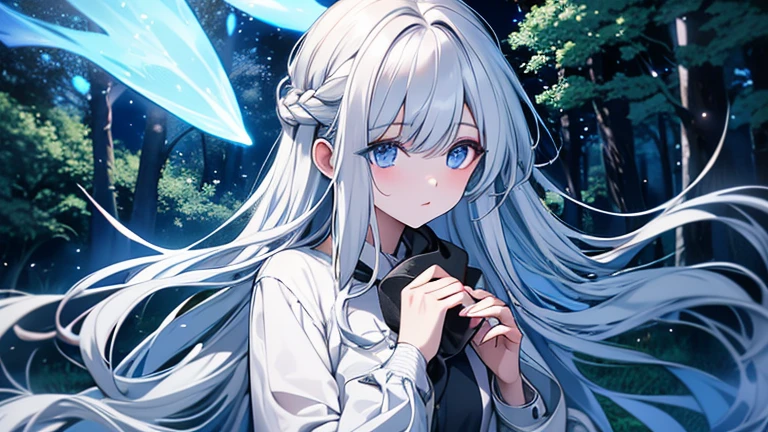 Attention to detail, high quality, high resolution, 4K, 8K, she is in the middle of the forest, many trees, many firefly around her, stars in the sky, wind blow her hair, she has long silver hair, she is relaxing, she has beautiful eyes, blue eyes, casual cloths, warm atmosphere, calm atmosphere, relax atmosphere