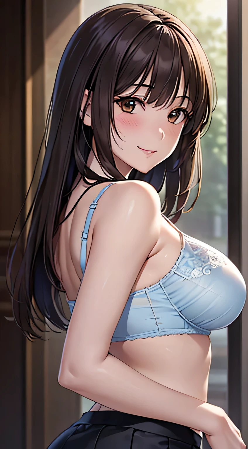 ((Tabletop, Highest quality, High resolution, Hmph, Pixel perfect, 4K, Hmph, Hmph))), One Girl, single, alone, Beauty、The whole body is visible、 ((Beautiful straight hair, bangs)), ((Brown eyes, Beautiful eyelashes, Realistic eyes)), ((Detailed face, blush:1.2)), ((Smooth texture:0.75, Realistic texture:0.65, Realistic:1.1, Anime CG style)), (Ample breasts), Dynamic Angle, Perfect body, White short-sleeved collared shirt、Tight Skirt、((See-through bra))、light blue、look back、Sideways Breasts))))、Very embarrassing panic smile