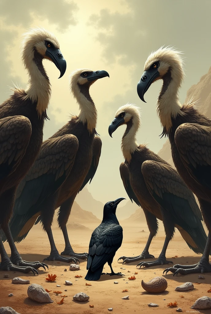 5 vultures, which are bigger than the crow, are begging the crow for food