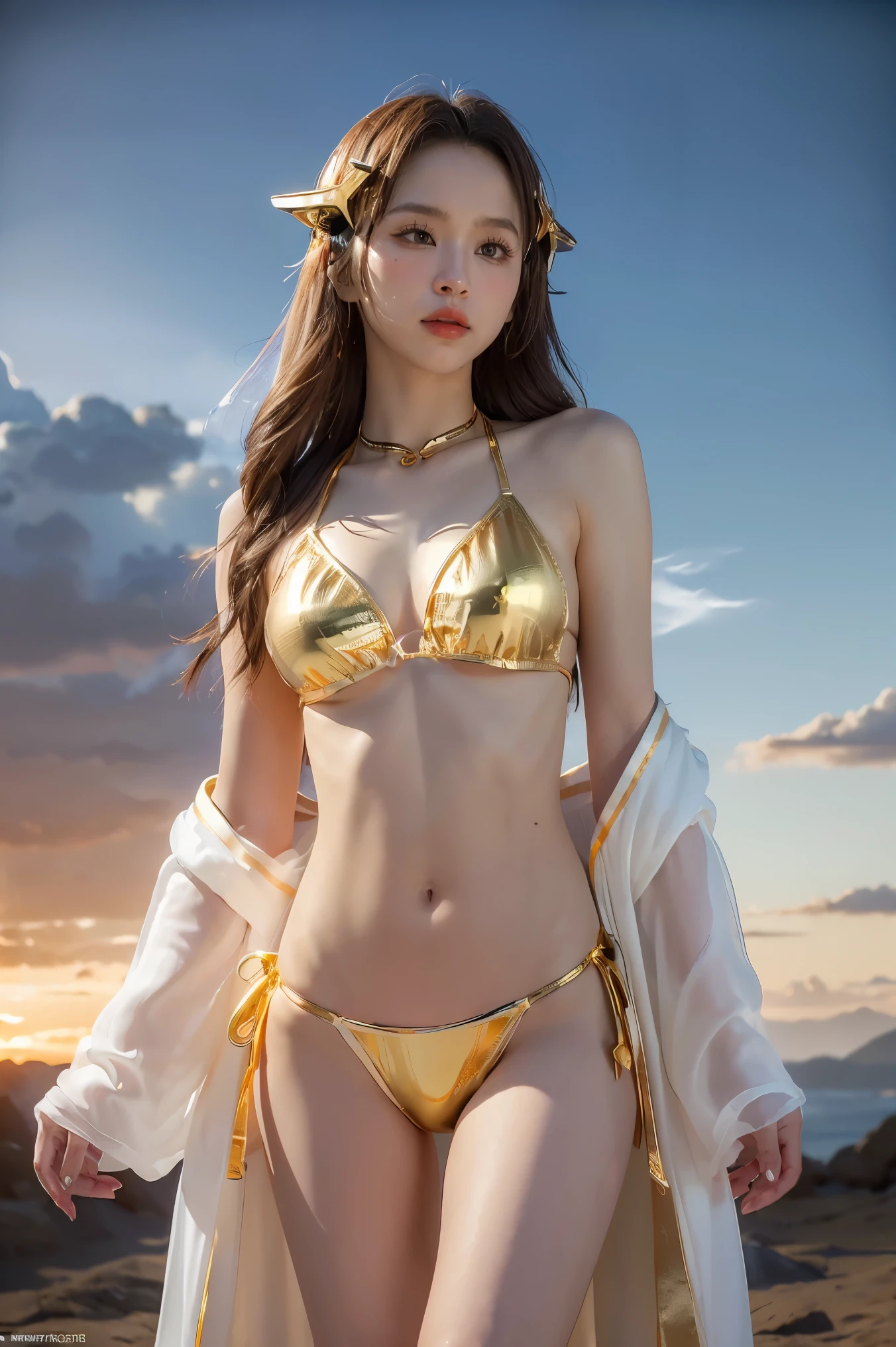 ((masterpiece, best quality, extremely detailed), volumetric lighting, ambient occlusion, colorful, glowing), 1girl, solo, young girl, (dark hair), long hair, halo, aura, sacred, goddess, cleric suit, (bikini with gold detailst:1.3), seethrough robe, outdoors, sunset, sky, clouds, space, (fantasy theme:1.2),