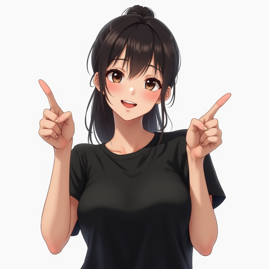 Japanese teenage girl with long hair tied back, smiling expression, narrow eyes ,wearing a black t-shirt ,ultra HD,ultra 4k,realistic, white background, waist-length photo,big chested, point 2 fingers towards the camera with both hands