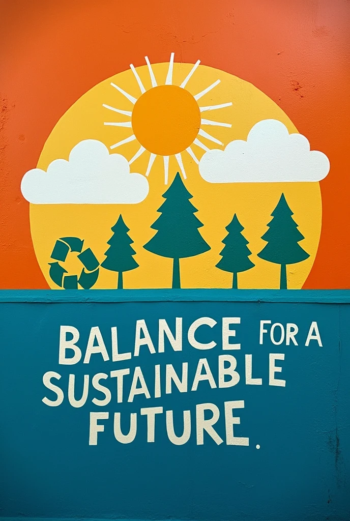 Climate change mural simple Include simple icons along the borders: the sun and clouds at the top, and recycling symbols, trees, and water drops at the bottom. Add a powerful message at the bottom: ‘Balance for a Sustainable Future.’ Use solid shapes and bold colors for a clear, impactful design.”