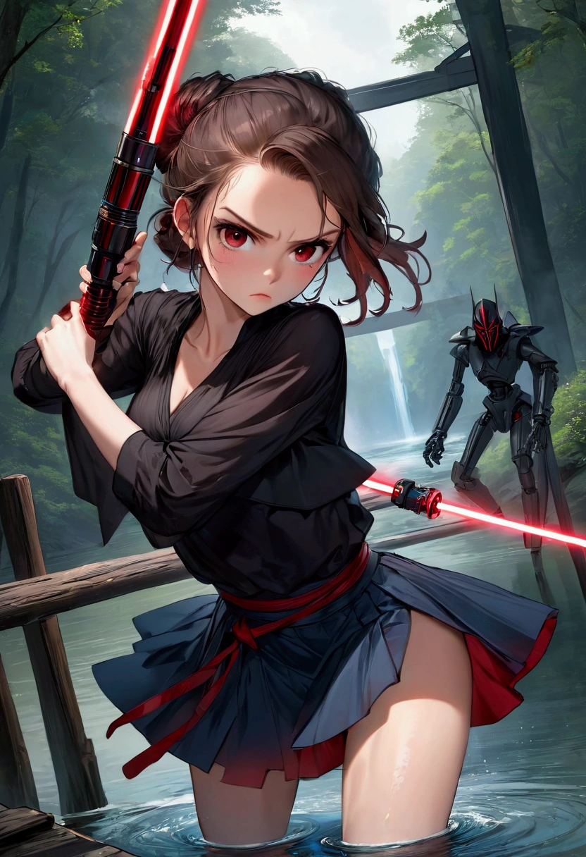 Sith Rey Skywalker, red eyes, holding a red lightsaber, wears a cleaveage dark blouse, and a mini blue skirt, standing in hanging wood bridge of over a river, dinamic pose, ready to fight, behind there is a robot, orgasm face, upskirt