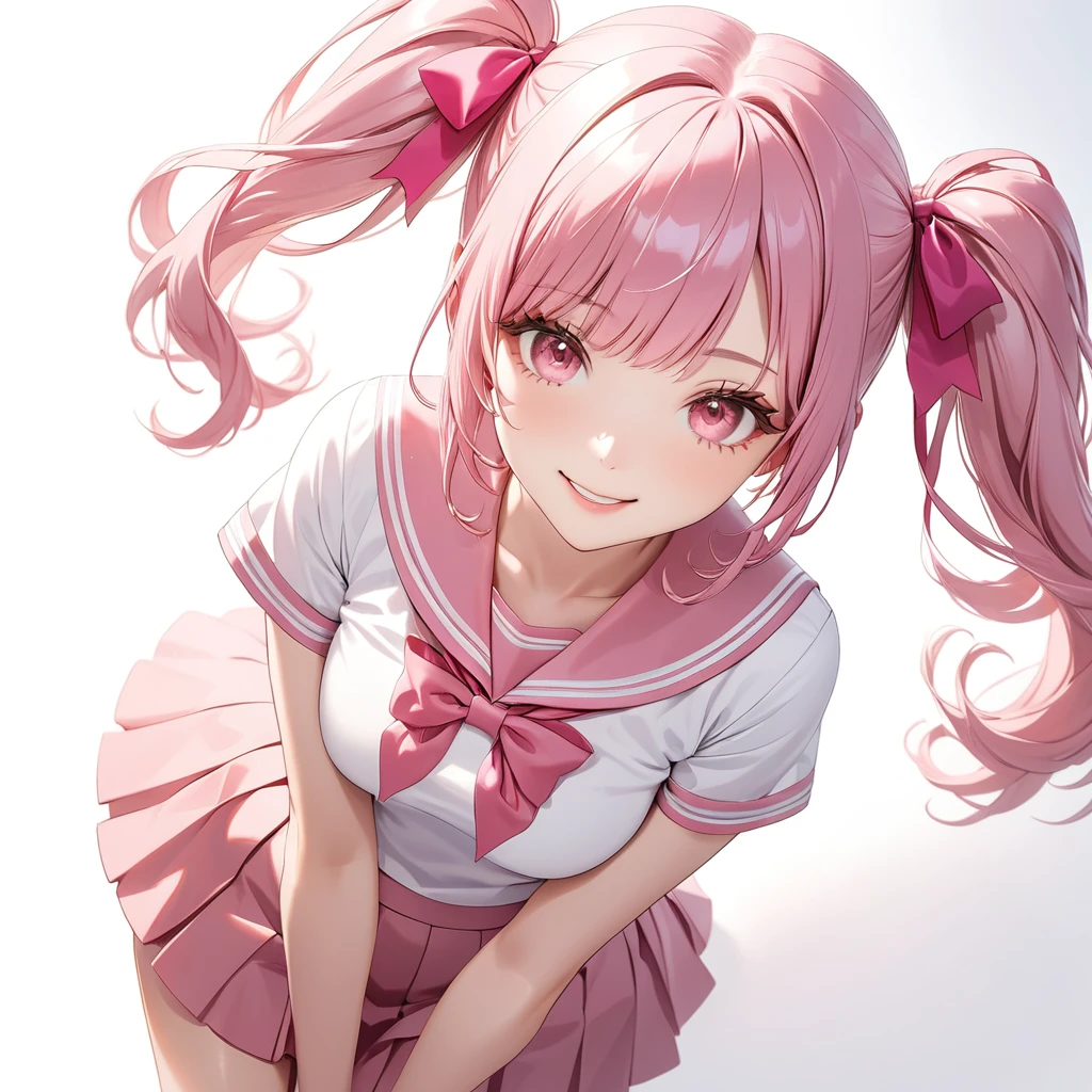 (8K, masutepiece, Best Quality, Official art, Breathtaking beauty and aesthetics, highly beautiful lighting, highly beautiful detailed), (1 Girl, Solo), (sixteen years old), (beautiful detailed face), (shiny white skin), (Beautiful big bust, cleavage, thighs, navel focus:1.3), (beautiful detailed pink twin tails hair, Bangs:1.3), (beautiful detailed drooping pink eyes:1.5), (pink glasses:1.3), (high school uniform:1.3), (patsel pink sailor collar, white short sleeves short length outing shirt, pastel pink pleated skirt, patsel pink ribbon:1.3), (happy smile:1.2), (Attractive, sensational, look at the camera, cute pose, lying, lie on her back, from above:1.3), (simple white plain background:1.5),