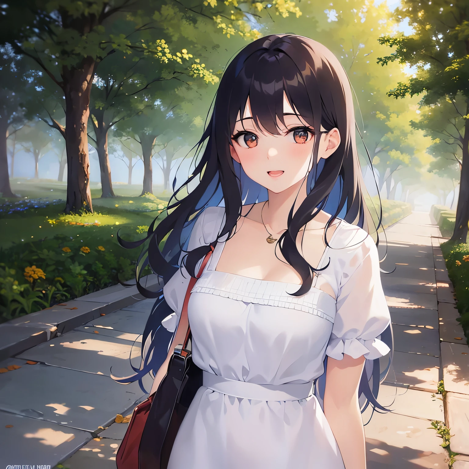 （looking at viewer:1.5）Upper Body,closed-eyes,Realistic, real person, (pale skin: 1.2), RAW photo, photorealistic, shiny skin, shiny hair、(A 25-year-old woman with medium-length hair and bangs) and (wavy hair) and (brown hair) and (orange eyes) , White collarless dress、 (blush:1.5),(smile:1.2),open mouth,(alone:1.5),park