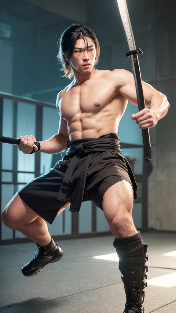 Create a realistic, high-resolution full-body image (8K or higher). The subject is a handsome Japanese man, age 25, with a tall and muscular build, balanced proportions, and a deep, chiseled face like someone of mixed heritage. He has sharp eyes and messy long hair. His attire can be a kimono, traditional Japanese armor, ninja outfit, or martial arts training gear. He can be barefoot, wearing boots, or sneakers. He wields either a katana, spear, tanto, kusarigama, meteor hammer, or nunchaku in one hand, or dual-wields them. The pose is dynamic and action-oriented. The background should be either a battlefield, Shibuya in 2024, or a green screen backdrop. Additionally, incorporate a setting with a futuristic vibe, cyberpunk atmosphere, Edo-period Japan, or Taisho-era Japan.