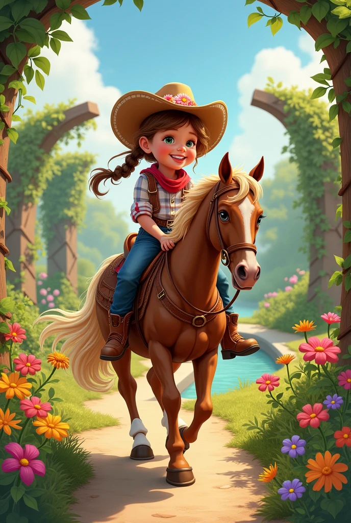 three year old female cowboy riding a horse with a flowery hat garden