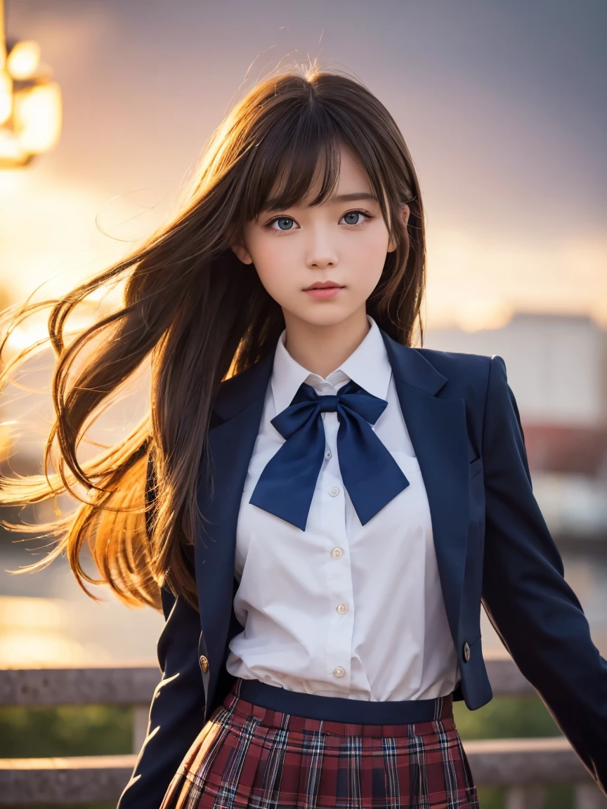 A highly detailed close-up image of a young anime girl with long silver hair flowing gracefully in the wind. The character has large, vibrant blue eyes with a determined yet calm expression. She is dressed in a detailed school uniform, consisting of a white shirt with a red bow tie, a dark blazer with golden insignias on the shoulders, and a plaid skirt with subtle folds. The girl’s hair has intricate details, with a single strand standing up prominently. The lighting is warm and golden, suggesting a sunset background, which adds depth and softness to her features. The overall atmosphere combines a sense of strength and elegance, as her dynamic pose with slightly extended arms enhances the flowing movement of her clothes and hair. The background is blurred but hints at an urban setting with soft, glowing lights, creating a dreamy and cinematic effect.