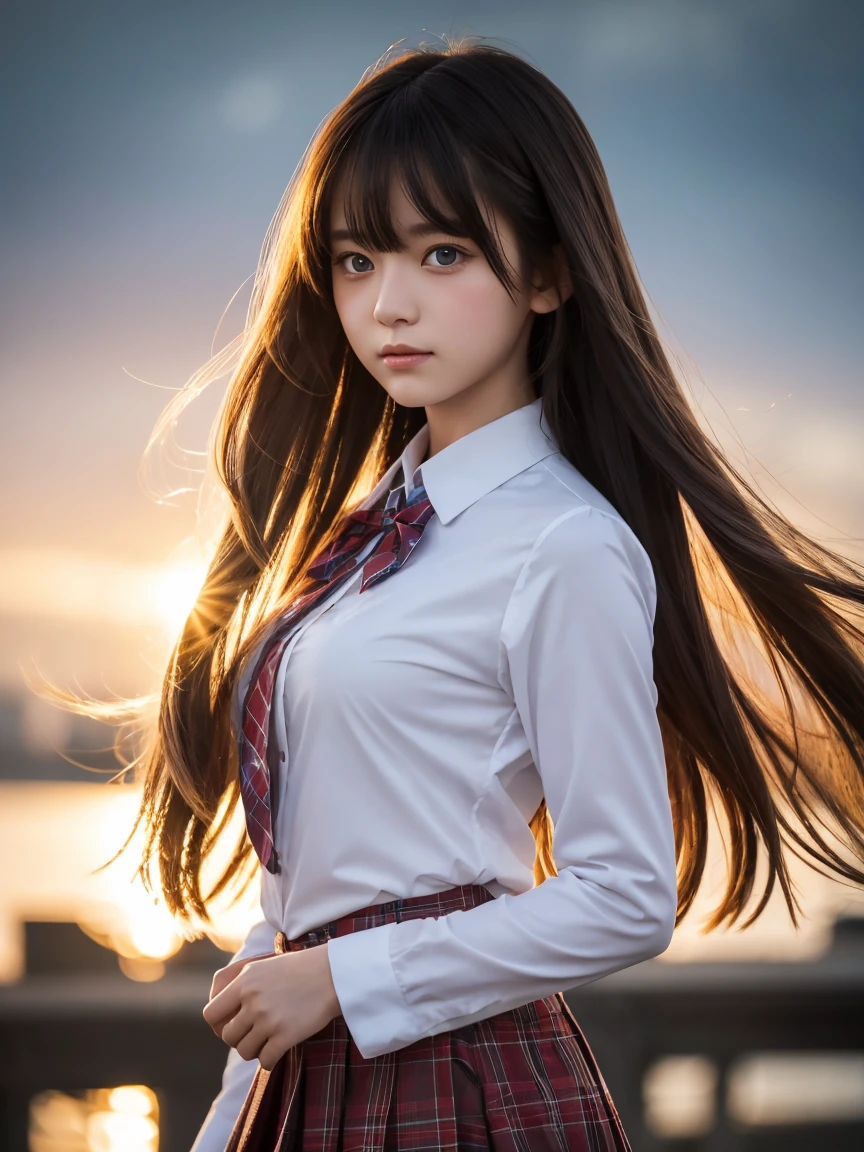 A highly detailed close-up image of a young anime girl with long silver hair flowing gracefully in the wind. The character has large, vibrant blue eyes with a determined yet calm expression. She is dressed in a detailed school uniform, consisting of a white shirt with a red bow tie, a dark blazer with golden insignias on the shoulders, and a plaid skirt with subtle folds. The girl’s hair has intricate details, with a single strand standing up prominently. The lighting is warm and golden, suggesting a sunset background, which adds depth and softness to her features. The overall atmosphere combines a sense of strength and elegance, as her dynamic pose with slightly extended arms enhances the flowing movement of her clothes and hair. The background is blurred but hints at an urban setting with soft, glowing lights, creating a dreamy and cinematic effect.