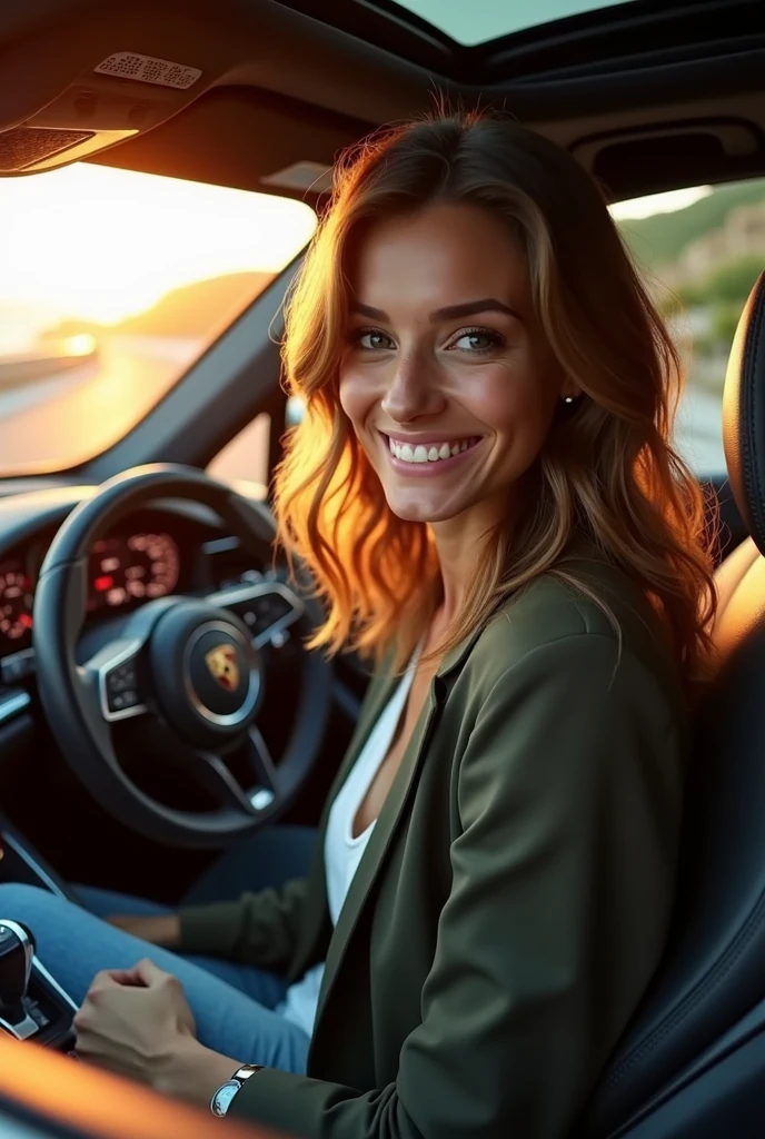 Hyper-realistic selfie of a young woman (30years) with wavy brown hair and green eyes, wearing a stylish blazer, inside a Porsche Panamera S Turbo E-Hybrid. Camera angle 3/4, capturing his confident smile as his left hand rests on the leather steering wheel. The luxurious interior of the car is highlighted, with a focus on the high-tech instrument panel and panoramic sunroof. The golden sunset light shines through the windows, creating a warm glow inside. Through the windshield, you can see a stunning coastal road. photography hight quality, Sharp, with vibrant colors and balanced contrast.