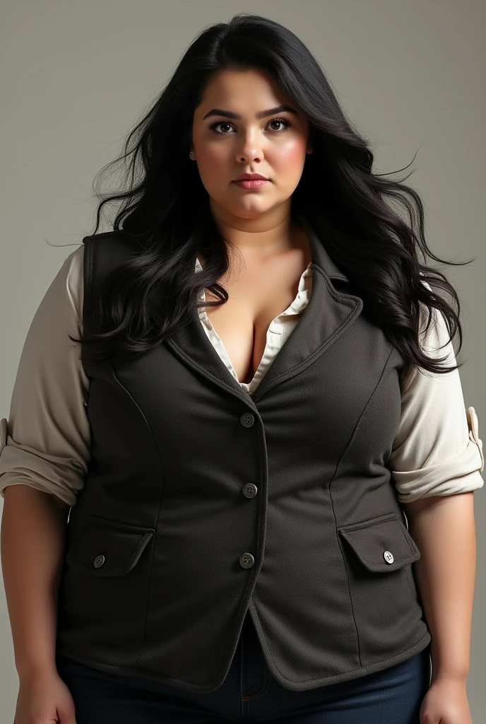 dark hair white woman wearing a  buttoned-up vest jacket showing overweight