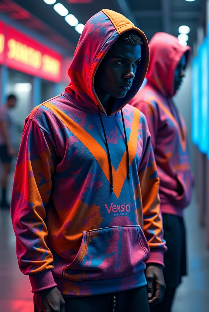 create colorful sublimated sports hoodies with VENSIO INDUSTRIES letters on it without wear 