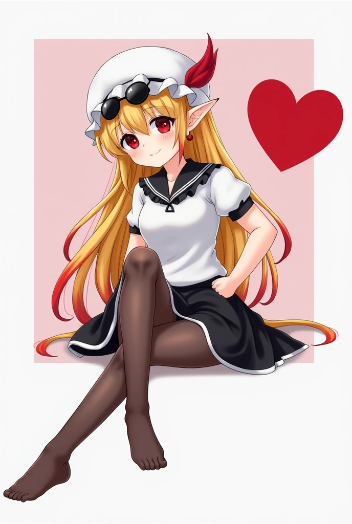 best quality, masterpiece, high resolution, alone, {flandre_scarlet_touhou:1.15}, long blonde hair with red streaks at the tips, big red eyes, small elf ear and a ruby ​​colored earring in her left ear, bangs with a red streak in the middle, sunglasses on her head, one side up, flirtatious smile, blush, smile, white headdress, a light white short-sleeved blouse on the upper part of the body, hair between the eyes, a red coat overlaid between her wrists, bottom a very sexy black skirt, thick thighs, pronounced hips, the girl is slim, blushing cheeks, long straight hair, white skinned girl, 1 girl, looking at the viewer smiling flirtatiously, sexy black skirt, light blouse, short sleeves, simple background, the girl is sitting crossing her left leg flirtatiously, she has black nylon stockings that are a little transparent that reach her knee, white background, white shirt, ruffles, long hair, cleavageless shirt, super tiny  girl, un globo de texto con un corazón rojo, the girl has not hat, super tiny tits, flirting smile, the girl has not hat, super tiny tits,