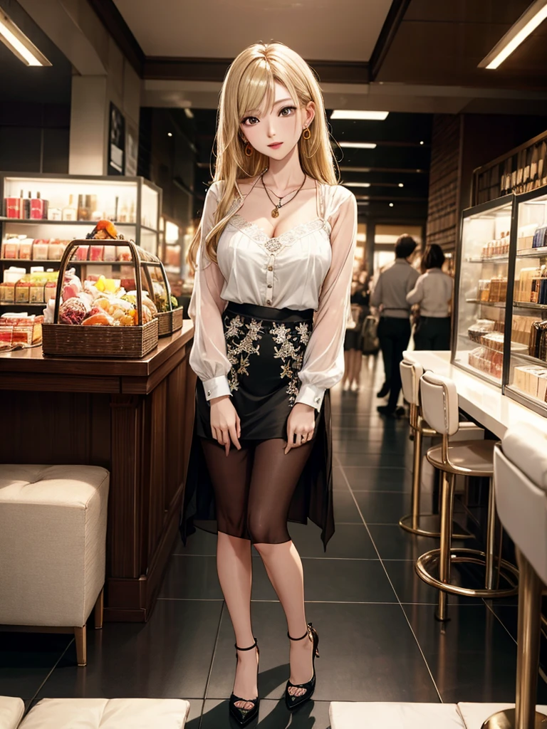 ((Biologically correct limb count))、((Full Body Shot, Full-body photo including face、Head to toe photos))、4K、(masterpiece:1.3)、((Symmetrical facial features))、Eyes of meticulous depiction、beautiful 、Excellent style、((skirt、The neckline is a lace embroidered sheer shirt.、High heels with anklets))、Detailed Description、shopping、Married Woman、sex appeal、Alluring、Handbags、Earrings、necklace、Looking up、Blonde、(male:-0.5),(multiple:-1)