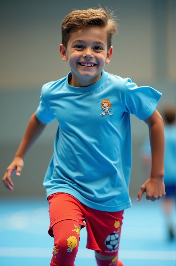 Light blue sports t-shirt for 9--old s and combines with red leg warmers with children&#39;s images