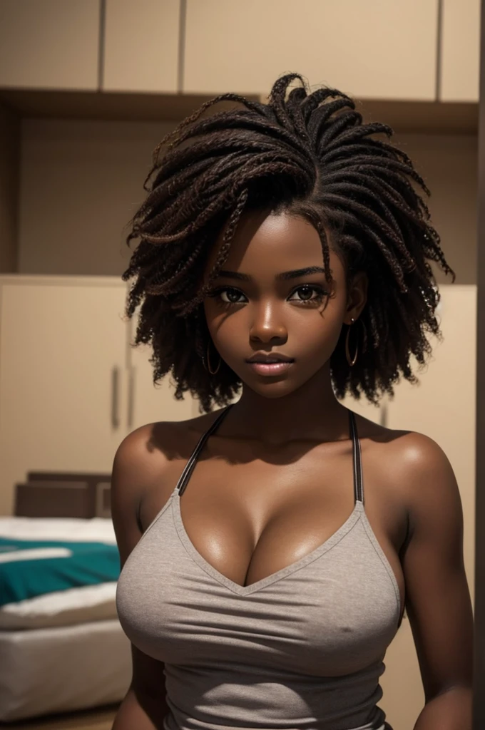 cute hair, chocolate skin, ager, beautiful face, deep ebony, showing big breasts, SFW, African 