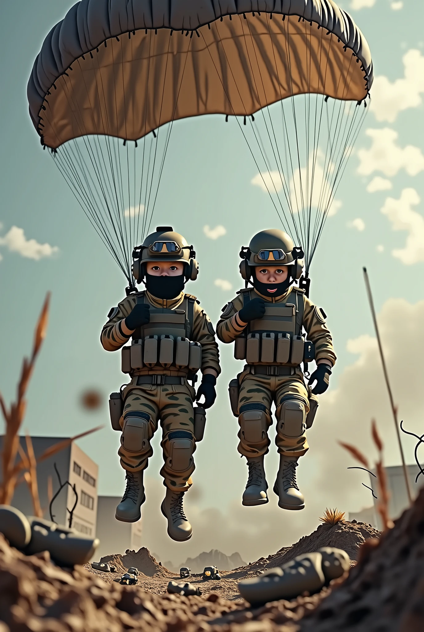 Two babys in camouflaged special forces uniforms and military helmets parachute onto a defensive position in a realistic full-body style.