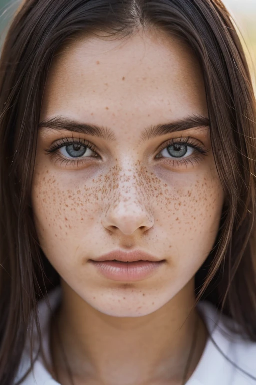 20 year old woman, Messy dark hair, freckles, high detail, high quality