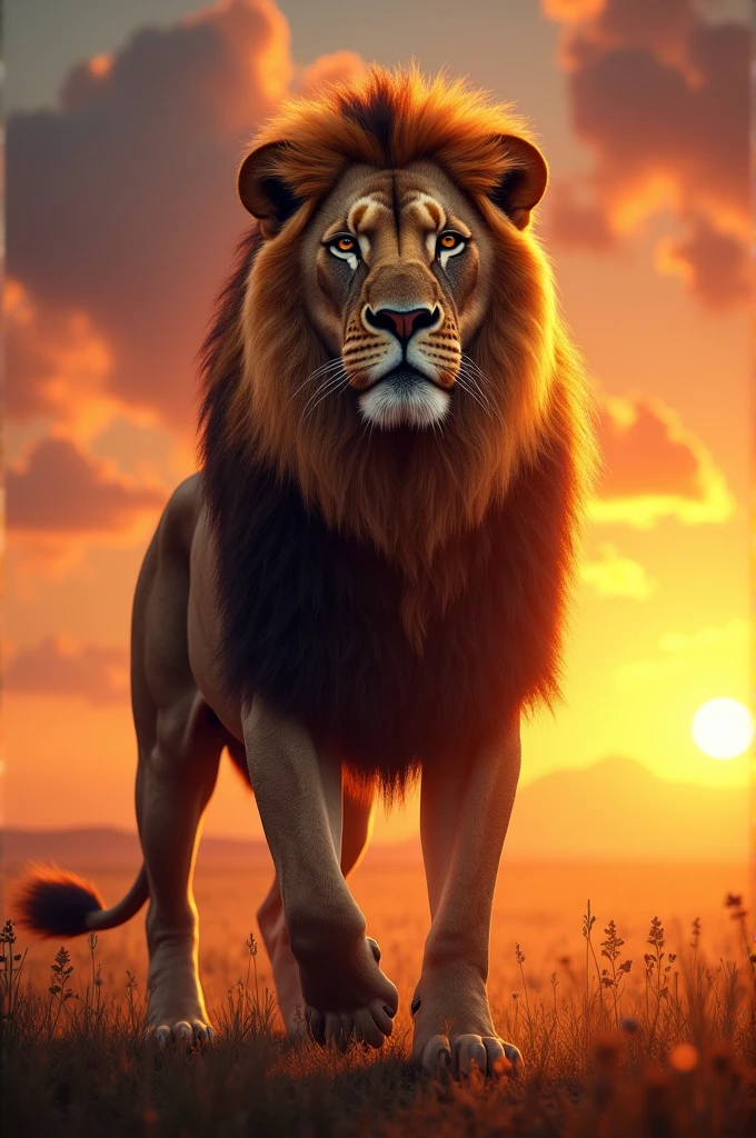 Real lion in sunset