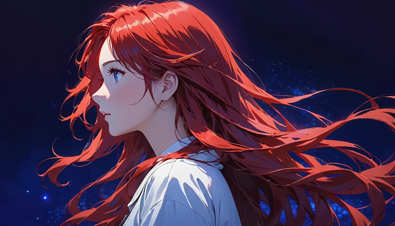anime girl with long hair, staring off into the distance blue light and dark purple background, 1girl, solo, profile, long hair, red hair