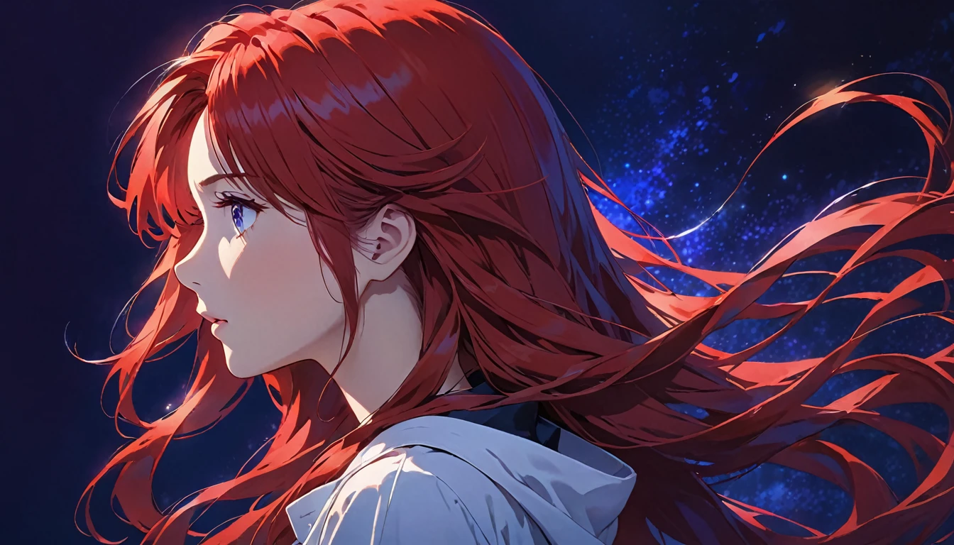 anime girl with long hair, staring off into the distance blue light and dark purple background, 1girl, solo, profile, long hair, red hair