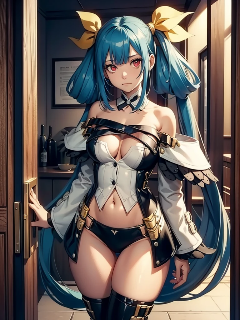 (masterpiece、top-quality、hight resolution、Unity 8k、extremely details CG:1,Best Picture), ggdizzy, yellow hair ribbon, tail, tail ornament, bare shoulders, navel, Women who reluctantly accept prostitution. Her face shows a mixture of resignation and discomfort. There is a sense of defeat in her eyes, her mouth is tightly shut and she seems to be stifling her inner feelings. Her posture shows her unwillingness. This is a situation where she reluctantly accepts her job as a prostitute. The film captures her complex emotions, and portrays her inner conflict and realisation of the path she is forced to take from a perspective that emphasises her inner conflict and realisation.